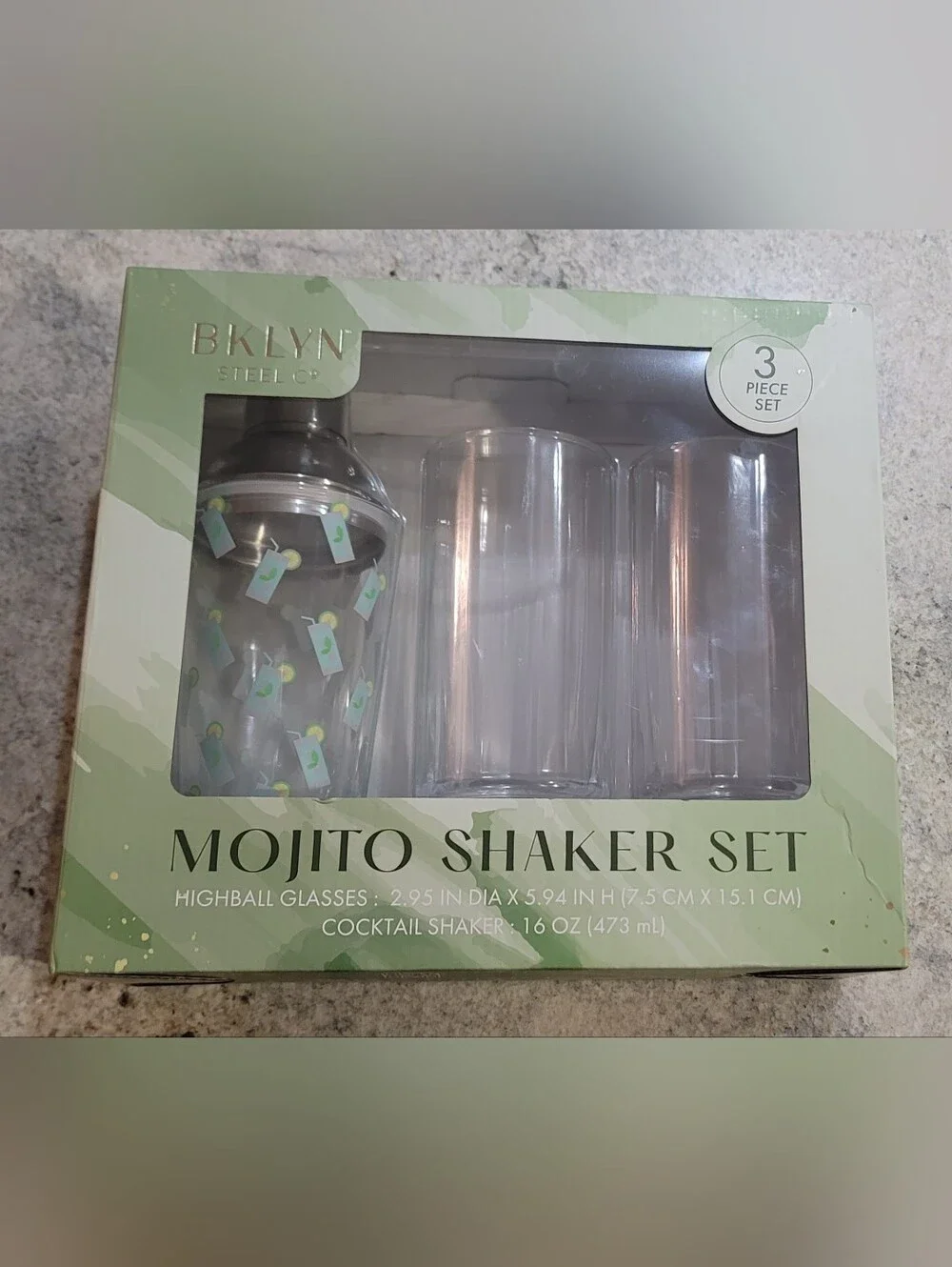 NIB Brooklyn Steel Co Mojito Drink Cocktail Shaker 3Pc Set Home Bar Glass Metal